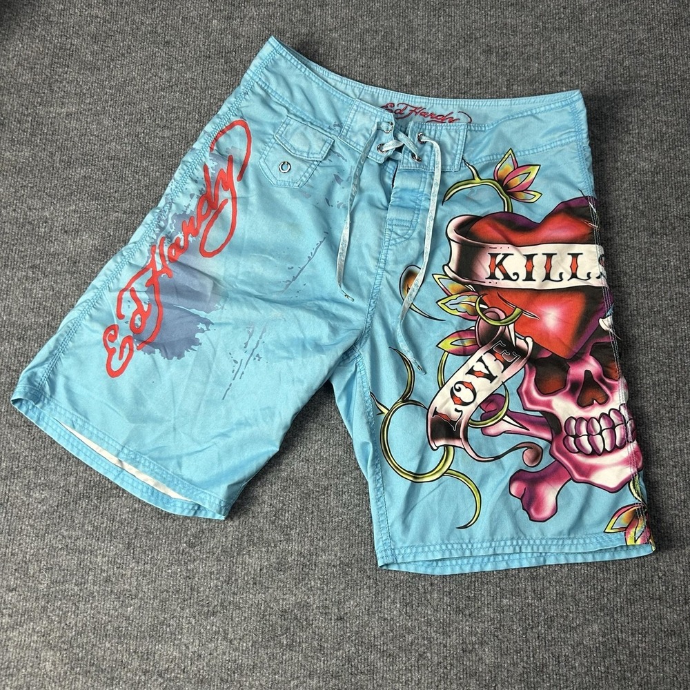 Ed Hardy Boardshorts Mens 34 Blue Love Kills Skull Heart Tattoo Surf Swim